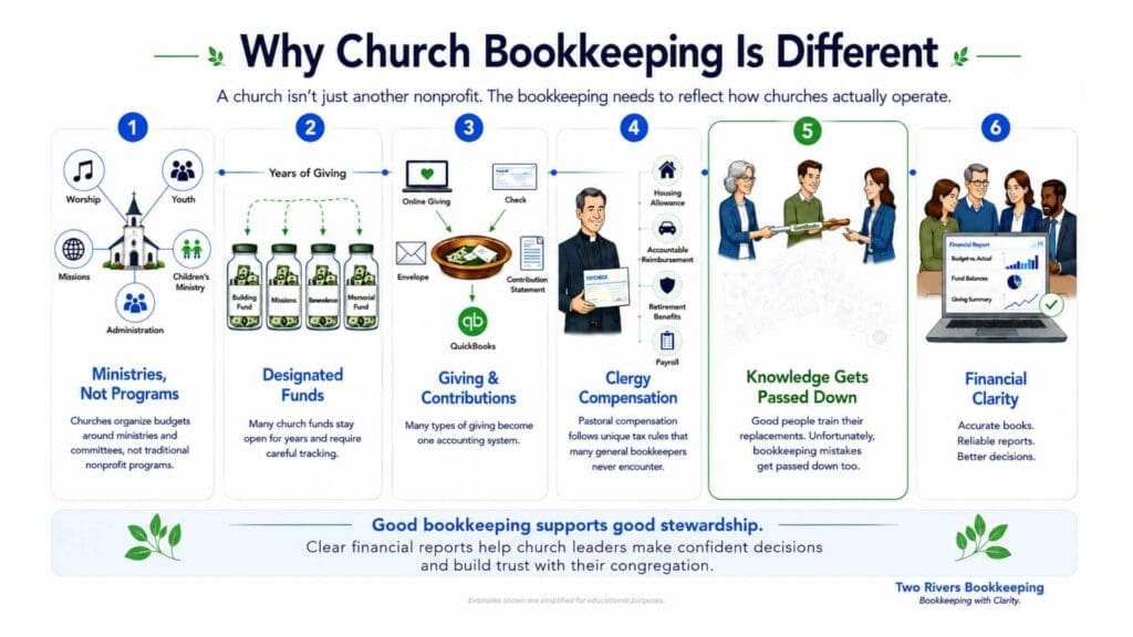 Infographic explaining why church bookkeeping differs from typical nonprofit bookkeeping. It illustrates six key differences: ministries instead of programs, long-term designated funds, giving and contribution tracking, clergy compensation, bookkeeping knowledge passed from one volunteer to the next, and how a properly designed QuickBooks Online setup provides financial clarity and supports faithful stewardship.