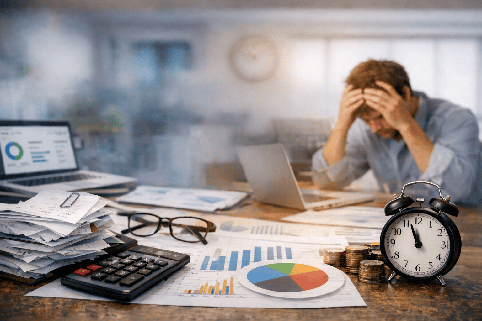Image of a man stressed and hunched over his laptop surrounded by business reports and papers in disarray.